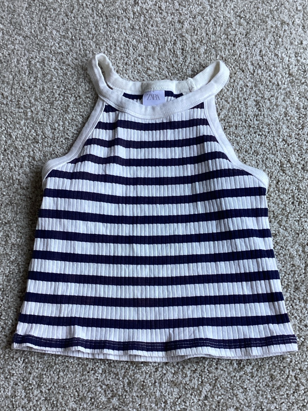 Zara Navy and White Striped Ribbed Halter Crop Top
